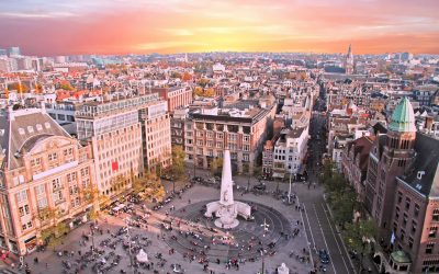City scenic from Amsterdam in Netherlands at sunset